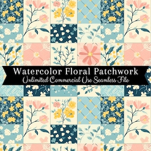 Könnte beinhalten: Ein nahtloses digitales Papiermuster mit einem Patchwork-Design aus Aquarell-Blumenmotiven in den Farben Rosa, Gelb, Blau und Grün. Das Muster ist perfekt für Basteln, Scrapbooking und andere kreative Projekte.