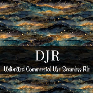 Puede incluir: Archivo digital sin costuras con un diseño de acuarela. El patrón presenta un paisaje montañoso en tonos de azul, dorado y negro, con acentos brillantes. Se muestra el texto "DJR" y "Unlimited Commercial Use Seamless File".