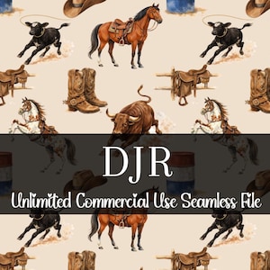 Watercolor Neutral Rodeo Cowboy Seamless | Boy Western Pattern | Commercial Use | Bull, Barrel Racing, Horse, Calf Roping