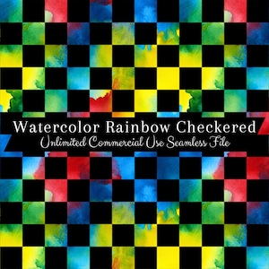 May include: A seamless digital paper pattern featuring a checkered design with watercolour rainbow colours. The pattern is perfect for crafting, scrapbooking, and digital design projects.