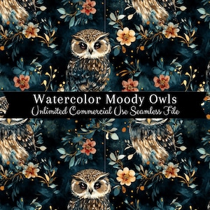 Impression transparente de hibou lune floral maussade aquarelle | Modèle sans couture de lune | Modèle d'utilisation commerciale | Impression transparente aquarelle chouette lune