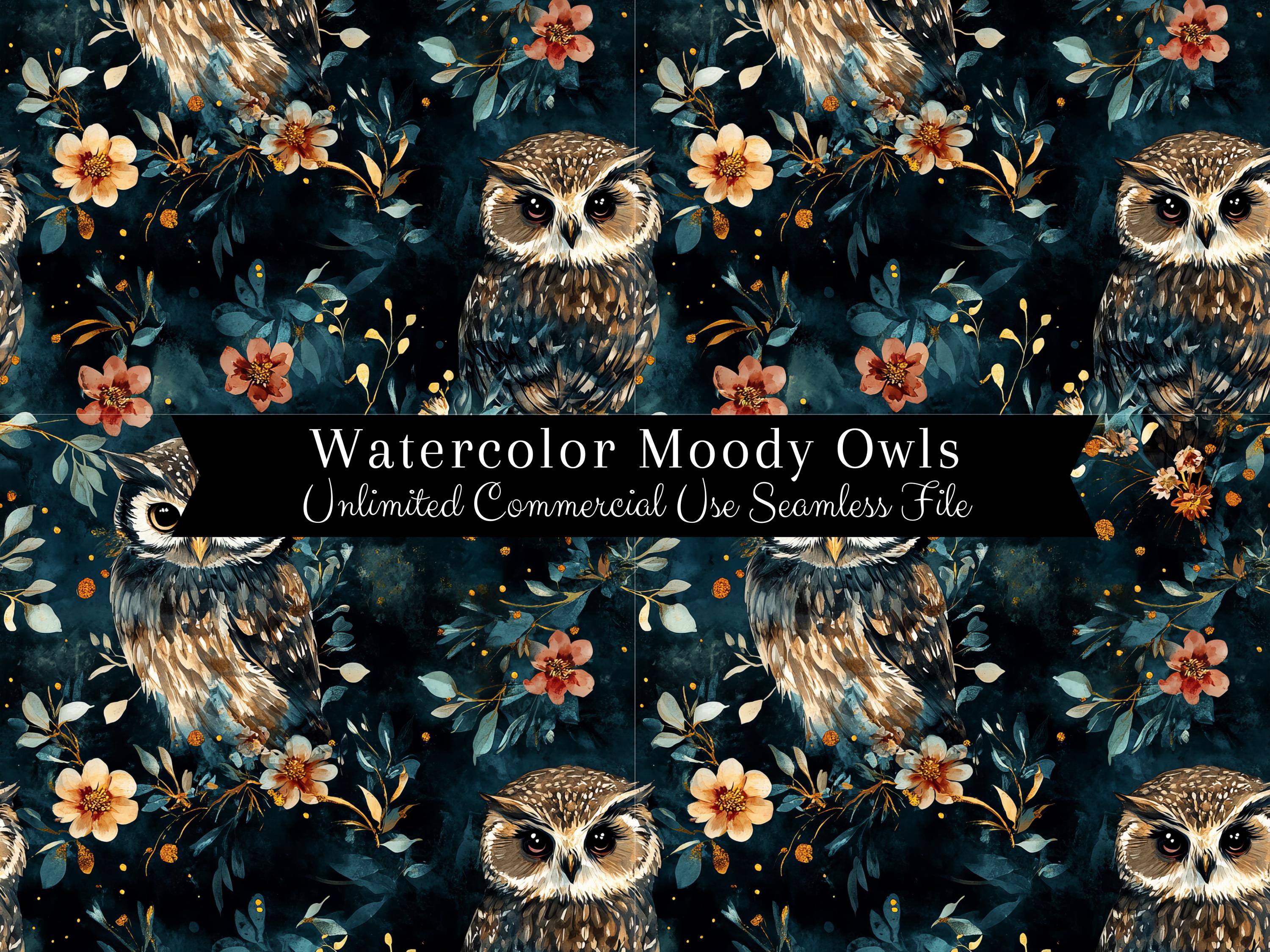Watercolor Moody Floral Moon Owl Seamless Print | Moon Seamless Pattern | Commercial Use Pattern | W