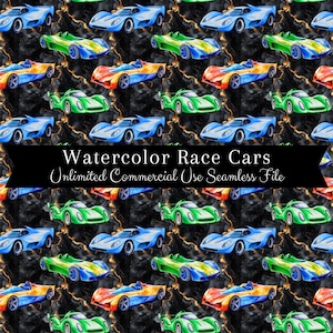 Race Car Seamless Pattern | Watercolor Fast Car Digital Paper | Race Car Repeating Print | Boy Seamless Pattern | Race Car Clipart PNG