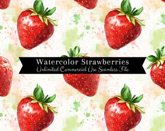 Watercolor Strawberry Seamless Print | Strawberry Seamless Pattern | Commercial Use Pattern | Repeating Print | Watercolor Strawberry PNG