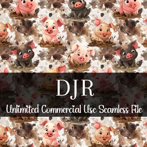 Puede incluir: Patrón sin costuras con cerdos de dibujos animados en el barro. Los cerdos son de varios tonos de rosa y negro, con un fondo marrón fangoso. El texto "DJR Unlimited Commercial Use Seamless File" se muestra.
