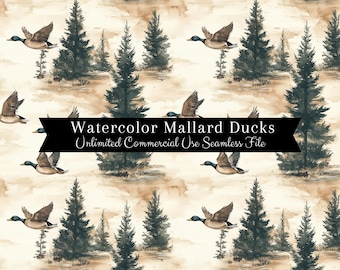 Modèle sans couture de canard colvert | Canards à l'aquarelle | Fichier sans couture d'arrière-plans de chasse | Motif répétitif PNG | Papier numérique motif nature