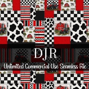 May include: A patchwork design featuring farm-themed elements. The pattern includes red barns, tractors, cow spots, and checkered patterns in black, white, and red. The text "DJR" and "Unlimited Commercial Use Seamless File" are also present.