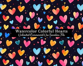 Watercolor Valentines Seamless Print | Heart Seamless Pattern | Commercial Use Pattern | Repeating Print | Watercolor Rainbow Hearts PNG