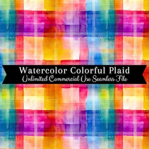 May include: A seamless digital paper pattern featuring a colorful plaid design with watercolor-like brushstrokes in shades of red, orange, yellow, green, blue, purple, and pink. The text "Watercolor Colorful Plaid Unlimited Commercial Use Seamless File" is displayed on a black banner.