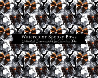 Seamless Halloween Bow Pattern | Watercolor Coquette Bows | Haunting Backgrounds Seamless File | Repeating Pattern PNG | Commercial Rights