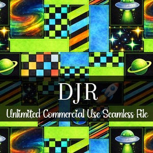 Può includere: Un colorato motivo senza cuciture con elementi a tema spaziale. Il design include pianeti, razzi, UFO e galassie vorticose. Il motivo è composto da varie forme geometriche in colori vivaci, con il testo "DJR Unlimited Commercial Use Seamless File".