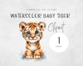 Watercolor Sweet Baby Tiger Clipart | Baby Animals Png | Nursery Wall Art | Baby Shower Clipart | Jungle Animals | Baby Animal Illustration
