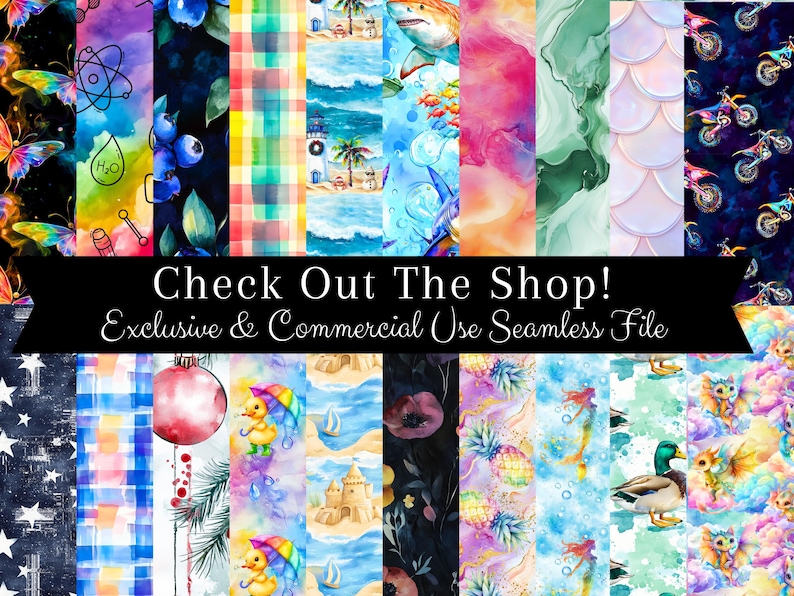 K&ouml;nnte beinhalten: Eine Sammlung farbenfroher, nahtloser digitaler Papiere mit verschiedenen Mustern, darunter Schmetterlinge, wissenschaftliche Elemente, Blaubeeren, Karomuster und Strandszenen. Der Text "Check Out The Shop! Exclusive & Commercial Use Seamless File" ist enthalten.