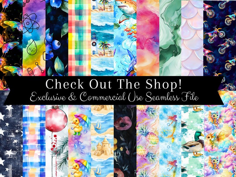Pode incluir: Uma cole&ccedil;&atilde;o de pap&eacute;is digitais sem costura coloridos com v&aacute;rios designs, incluindo borboletas, mirtilos, cenas de praia e escamas de sereia. O texto "Check Out The Shop! Exclusive & Commercial Use Seamless File" est&aacute; presente.