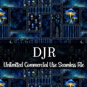 Puede incluir: Archivo digital sin costuras con un fondo azul oscuro y verde azulado con hongos brillantes, estrellas y follaje. El diseño está dividido en cuadrados de patchwork con el texto "DJR Unlimited Commercial Use Seamless File".