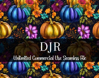 Watercolor Vibrant Floral Pumpkin Seamless Print | Pumpkin Pattern | Commercial Use Pattern | Repeating Print | Colorful Flower Pumpkins