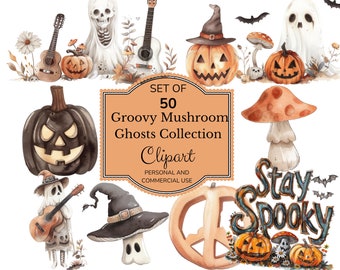 Groovy Ghosts Watercolor Clipart | Watercolor Mushroom Clipart | Halloween Clipart | Retro Halloween | Halloween Pumpkins | Cute Ghost PNG