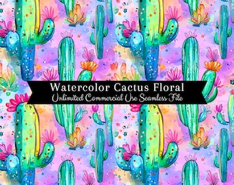 Padrão Floral de Cacto Sem Costura | Papel Digital de Flor de Cacto em Aquarela | Padrão de Repetição de Cacto em Aquarela | Floral em Aquarela Sem Costura