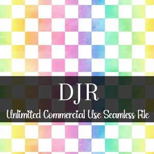 Puede incluir: Un archivo digital sin costuras colorido con un patrón de cuadros en tonos pastel de verde, amarillo, rosa y azul. La imagen incluye el texto "DJR Unlimited Commercial Use Seamless File" en letras blancas sobre una pancarta gris oscuro.