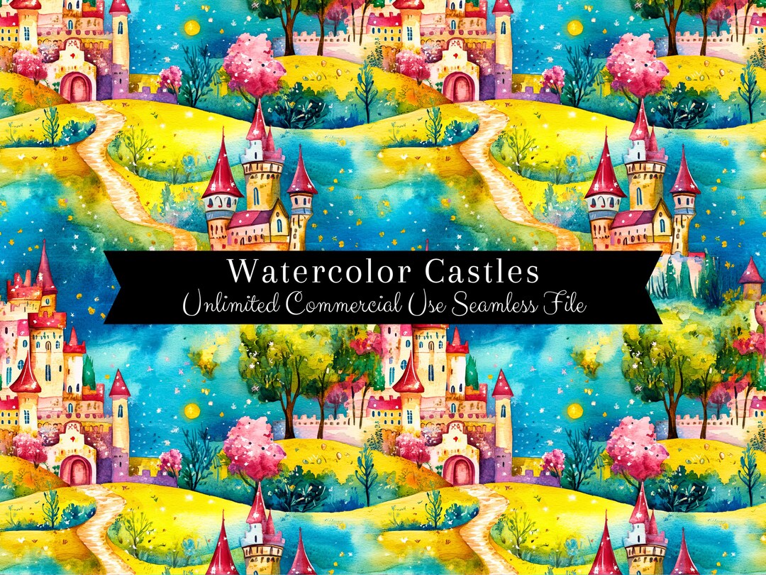 Watercolor Rainbow Castle Seamless Print | Castle Pattern | Commercial ...