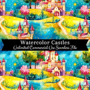 Watercolor Rainbow Castle Seamless Print | Castle Pattern | Commercial Use Pattern | Repeating Print | Watercolor Rainbow | Scrapbook Paper