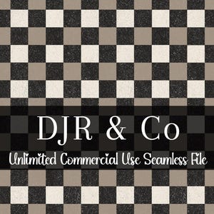 May include: A seamless digital pattern featuring a repeating checkerboard design in black and beige with a textured finish. A dark horizontal band across the centre displays the white text DJR & Co and Unlimited Commercial Use Seamless File.