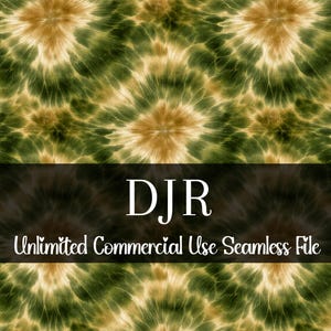 May include: Seamless digital file with a tie-dye pattern in shades of green and brown. The design features a repeating circular pattern. The image includes the text "DJR" and "Unlimited Commercial Use Seamless File".