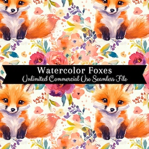 Seamless Fox Pattern | Watercolor Fox Print | Spring Fox Backgrounds Seamless File | Floral Fox Repeating Pattern PNG | Commercial Use PNG