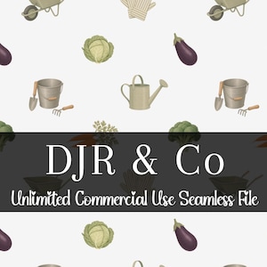 May include: A seamless pattern featuring illustrations of gardening tools, vegetables, and wheelbarrows on a white background. A dark gray horizontal banner across the center displays the white text DJR & Co Unlimited Commercial Use Seamless File.