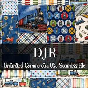May include: A patchwork design with train-themed patterns. The design includes images of trains, railway tracks, and signal lights. The text "DJR Unlimited Commercial Use Seamless File" is displayed across the image.