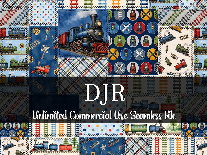 K&ouml;nnte beinhalten: Ein Patchwork-Design mit Mustern zum Thema Eisenbahn. Das Design umfasst Bilder von Z&uuml;gen, Bahngleisen und Signallichtern. Der Text "DJR Unlimited Commercial Use Seamless File" wird angezeigt.