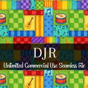 May include: A colorful patchwork design featuring musical instruments like drums, guitars, and saxophones. The pattern includes musical notes and a variety of colors, including blue, green, red, and yellow. The text "DJR Unlimited Commercial Use Seamless File" is displayed.