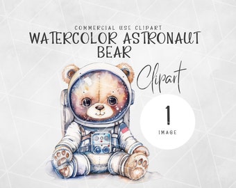 Space Bear Watercolor Clipart | Watercolor Astronaut Clipart | Outer Space Clipart Png | Nursery Clipart | Cute Teddy Bear Astronaut Clipart