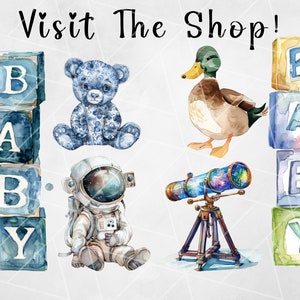 May include: A watercolor illustration of a baby shower theme with a blue teddy bear, a duck, a telescope, and blocks that spell out "BABY".