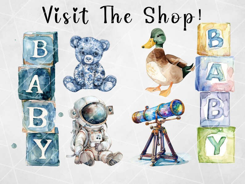 May include: A watercolor illustration of a baby shower theme with a blue teddy bear, a duck, a telescope, and blocks that spell out "BABY".