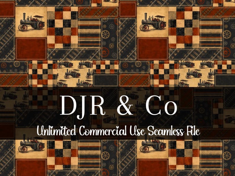 Peut inclure: Un motif num&eacute;rique sans couture pr&eacute;sentant un design en patchwork de tracteurs &agrave; vapeur, de voies ferr&eacute;es et de carr&eacute;s &agrave; damier dans des tons de rouille, noir et cr&egrave;me. Le texte DJR & Co Unlimited Commercial Use Seamless File est centr&eacute;.