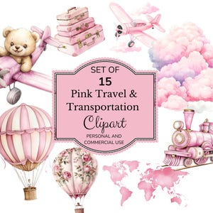 Rosa Flugzeug Clipart | Aquarell Kunstdrucke Babyparty Dekor | Heißluftballon PNG | Reisen Clipart | Rosa PNG | Digitaler Download PNG