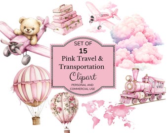 Imágenes prediseñadas de avión rosa / Arte de acuarela para guardería / Decoración de baby shower / Globo aerostático PNG / Imágenes prediseñadas de viaje / Rosa PNG / Descarga digital PNG