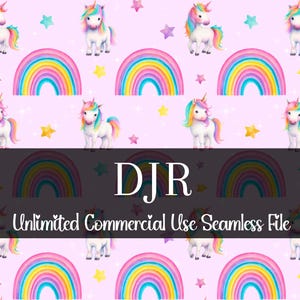 May include: Seamless pattern featuring white unicorns with rainbow manes and tails, rainbows, and stars on a pink background. The image includes the text "DJR Unlimited Commercial Use Seamless File".