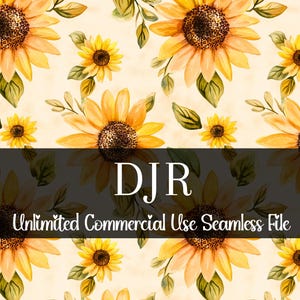 Könnte beinhalten: Nahtloses Muster mit Aquarell-Sonnenblumen in Gelb und Braun, mit grünen Blättern und Stielen auf cremefarbenem Hintergrund. Der Text "DJR Unlimited Commercial Use Seamless File" wird in einem schwarzen Banner angezeigt.