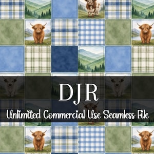 Op de afbeelding: Een naadloos patroon met een patchwork-ontwerp. Het bevat illustraties van Schotse Hooglandkoeien, bergen en ruitpatronen in blauw, groen en bruin. De tekst "DJR Unlimited Commercial Use Seamless File" wordt weergegeven.