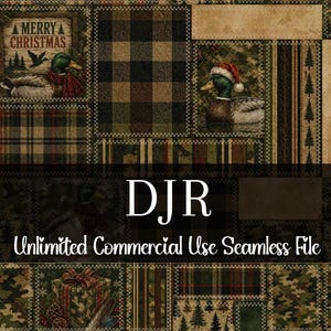 Peut inclure: Un motif patchwork festif sur le thème de Noël. Il présente des canards en tenue de fête, des motifs à carreaux et le texte "MERRY CHRISTMAS". Le design comprend également le texte "DJR" et "Unlimited Commercial Use Seamless File".
