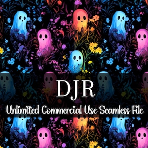 May include: A seamless pattern featuring colorful ghosts in a field of flowers on a black background. The text "DJR Unlimited Commercial Use Seamless File" is at the bottom of the image.