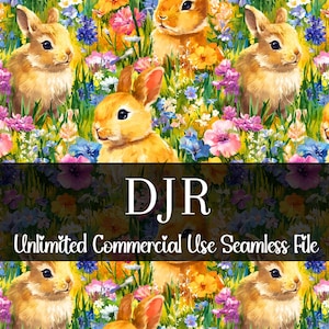 Peut inclure: Motif sans couture avec des illustrations à l'aquarelle de lapins dans un champ de fleurs colorées. Le motif comprend le texte "DJR Unlimited Commercial Use Seamless File". L'œuvre d'art a un thème printanier ou de Pâques.