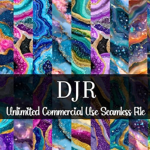 May include: A digital file featuring a collection of colorful, abstract designs with a geode or agate-like appearance. The designs include shades of blue, pink, purple, and gold, with the text "DJR Unlimited Commercial Use Seamless File".