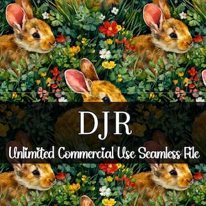Puede incluir: Patrón sin costuras con ilustraciones en acuarela de conejos marrones en medio de un campo de flores y vegetación. El diseño incluye flores rojas, amarillas y blancas, con el texto "DJR Unlimited Commercial Use Seamless File" en la parte inferior.