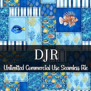 Könnte beinhalten: Eine nahtlose digitale Datei mit einem Patchwork-Design, das Illustrationen des Meereslebens zeigt. Das Design umfasst Bilder von Fischen, Korallen und Wassertexturen in Blau- und Weißtönen. Der Text "DJR Unlimited Commercial Use Seamless File" wird angezeigt.