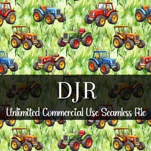Pode incluir: Um padrão repetitivo de tratores coloridos em vermelho, azul, verde e amarelo contra um fundo de grama verde. Os tratores têm rodas grandes e estão sobre um fundo em estilo aquarela. O texto "DJR Unlimited Commercial Use Seamless File" está na parte inferior.