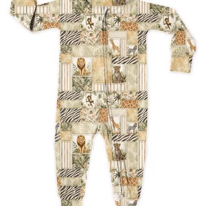 May include: A one-piece baby sleeper with a patchwork design featuring safari animals like lions, giraffes, and zebras. The sleeper has a zipper closure and is primarily beige, brown, and green. The pattern includes zebra stripes and tropical foliage.