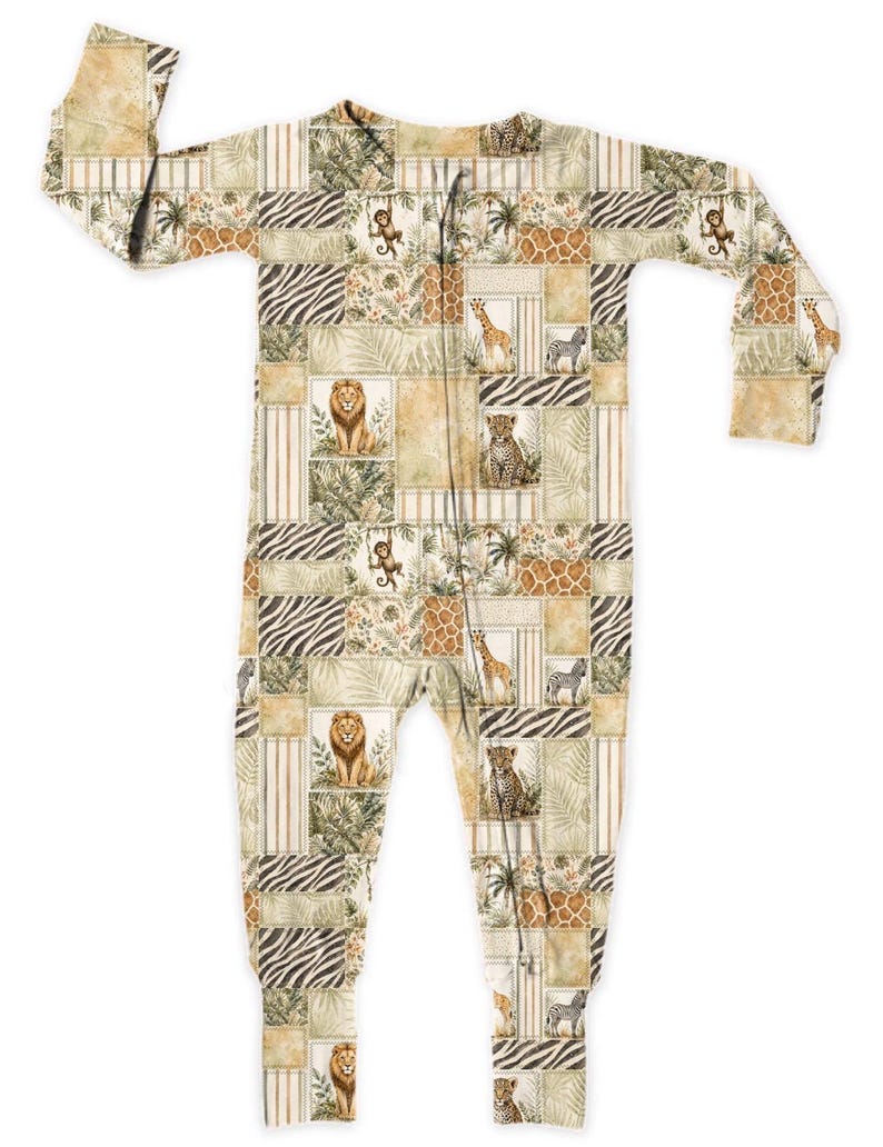 May include: A one-piece baby sleeper with a patchwork design featuring safari animals like lions, giraffes, and zebras. The sleeper has a zipper closure and is primarily beige, brown, and green. The pattern includes zebra stripes and tropical foliage.